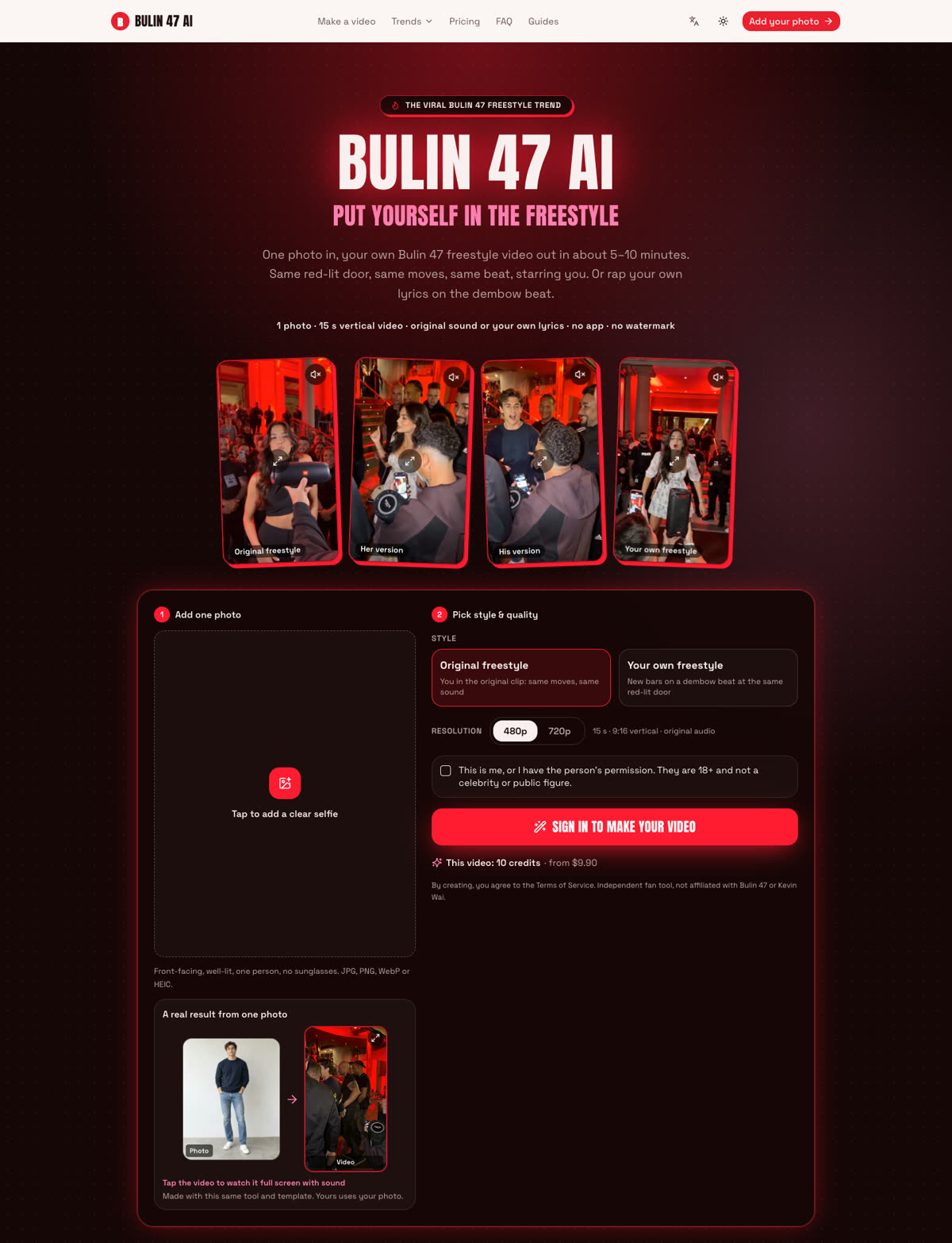 Bulin 47 AI homepage: the logo, sample videos and the editor with photo upload and style choice