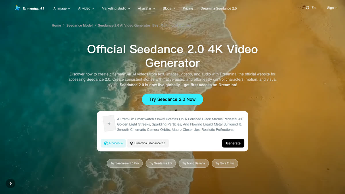 Dreamina Seedance 2.0 page with the Dreamina logo and its prompt box