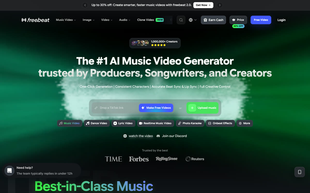 Freebeat homepage with its logo, a song link box and an Upload music button