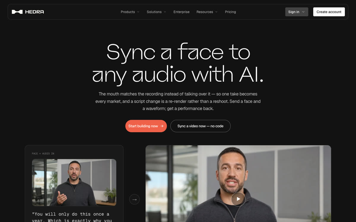 Hedra AI lip sync page with the Hedra logo: sync a face to any audio