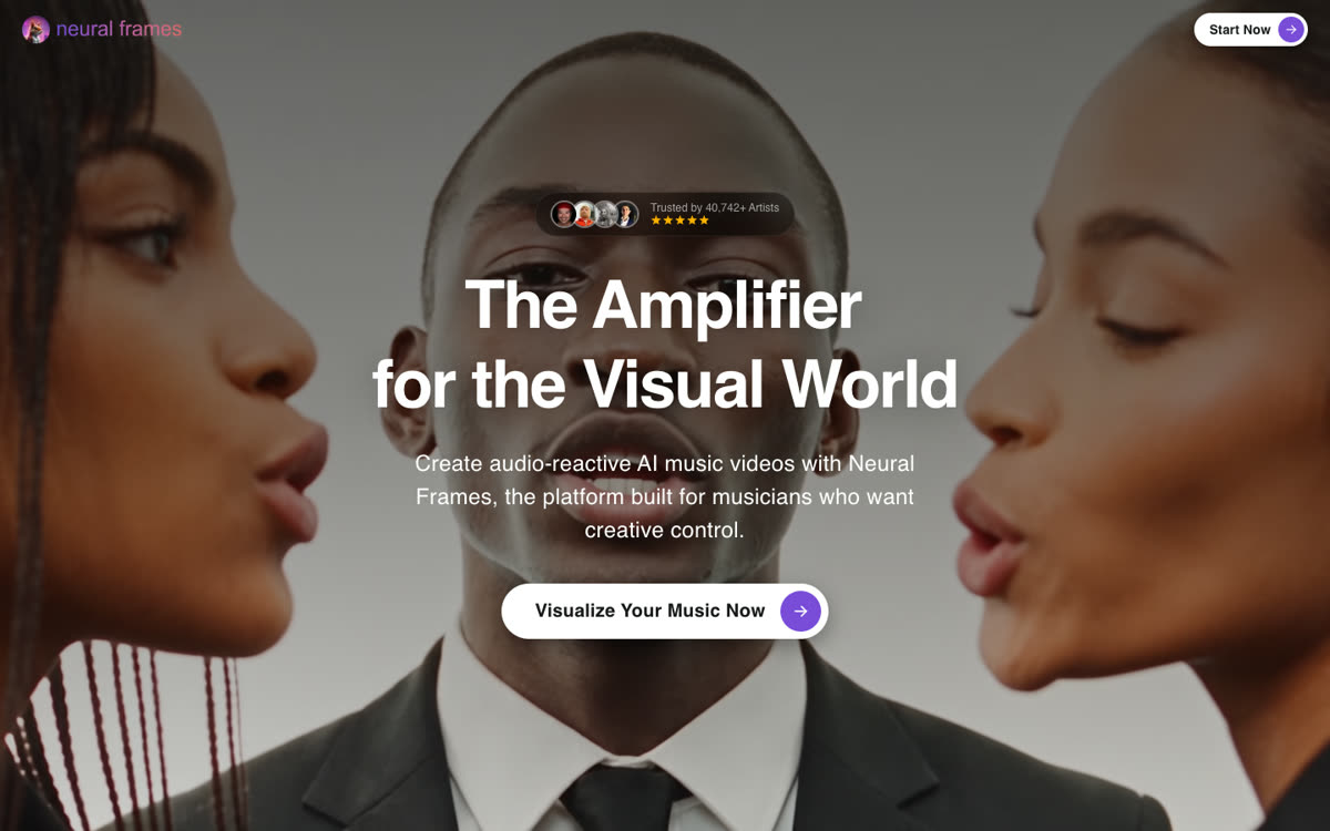 Neural Frames homepage with its logo: audio-reactive AI music videos for musicians