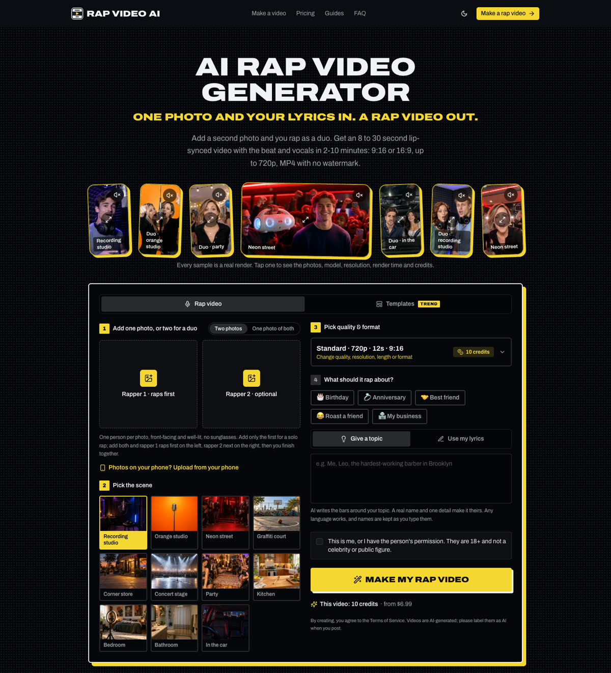 Rap Video AI homepage: the Rap Video AI logo, sample videos and the full editor with photo upload, beat, scene, quality and lyrics steps