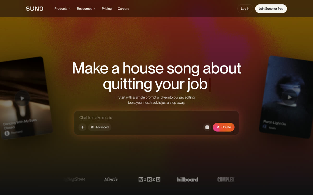 Suno homepage with the Suno logo and its chat-to-make-music prompt box