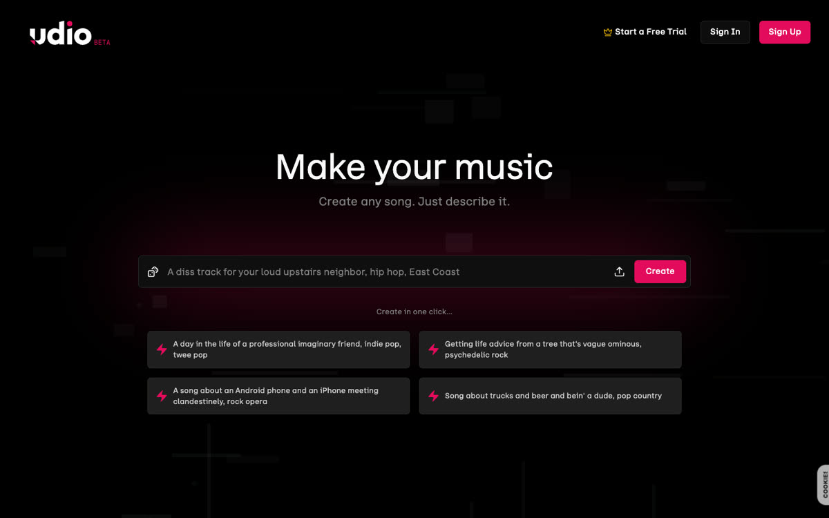 Udio homepage with the Udio logo and its describe-a-song prompt box