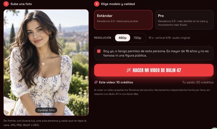 Generador de Bulin 47 IA con una foto de frente subida, la casilla de permiso marcada y el botón Hacer mi video de Bulin 47 listo