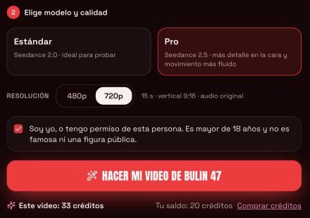 Selector de modelo y resolución con Pro (Seedance 2.5) y 720p elegidos y un costo de 33 créditos
