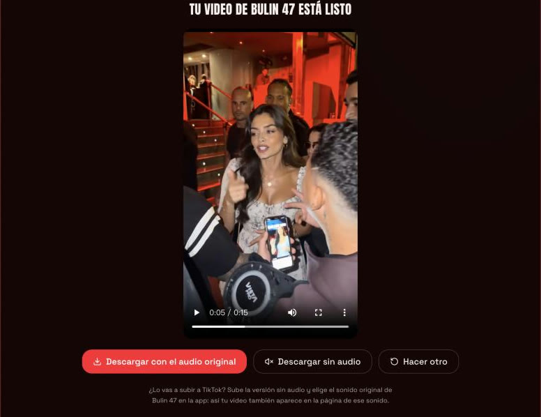 Video de Bulin 47 con IA terminado, con los botones Descargar con el audio original, Descargar sin audio y Hacer otro
