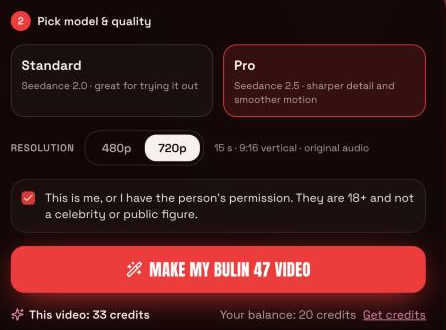 Model and resolution picker with Pro (Seedance 2.5) and 720p selected, showing a cost of 33 credits