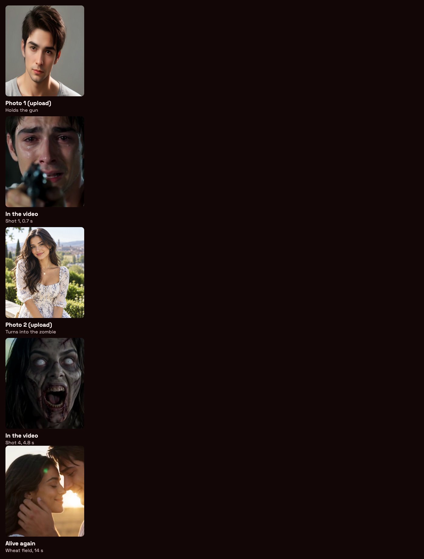The two uploaded photos next to the same people in the video: the man in tears in shot 1, the woman as a zombie in shot 4 and alive again in the wheat field