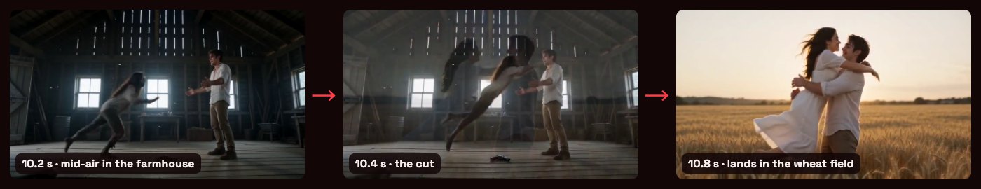 The zombie hug transition in our test render: mid-air in the farmhouse at 10.2 s, a short dissolve at 10.4 s, landing as a hug in the wheat field at 10.8 s