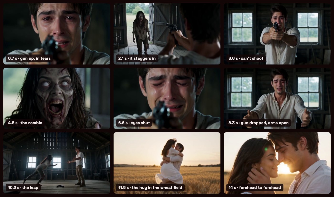 Nine frames from a video made with the generator from two AI-generated people, from the gun close-up to the hug in the wheat field